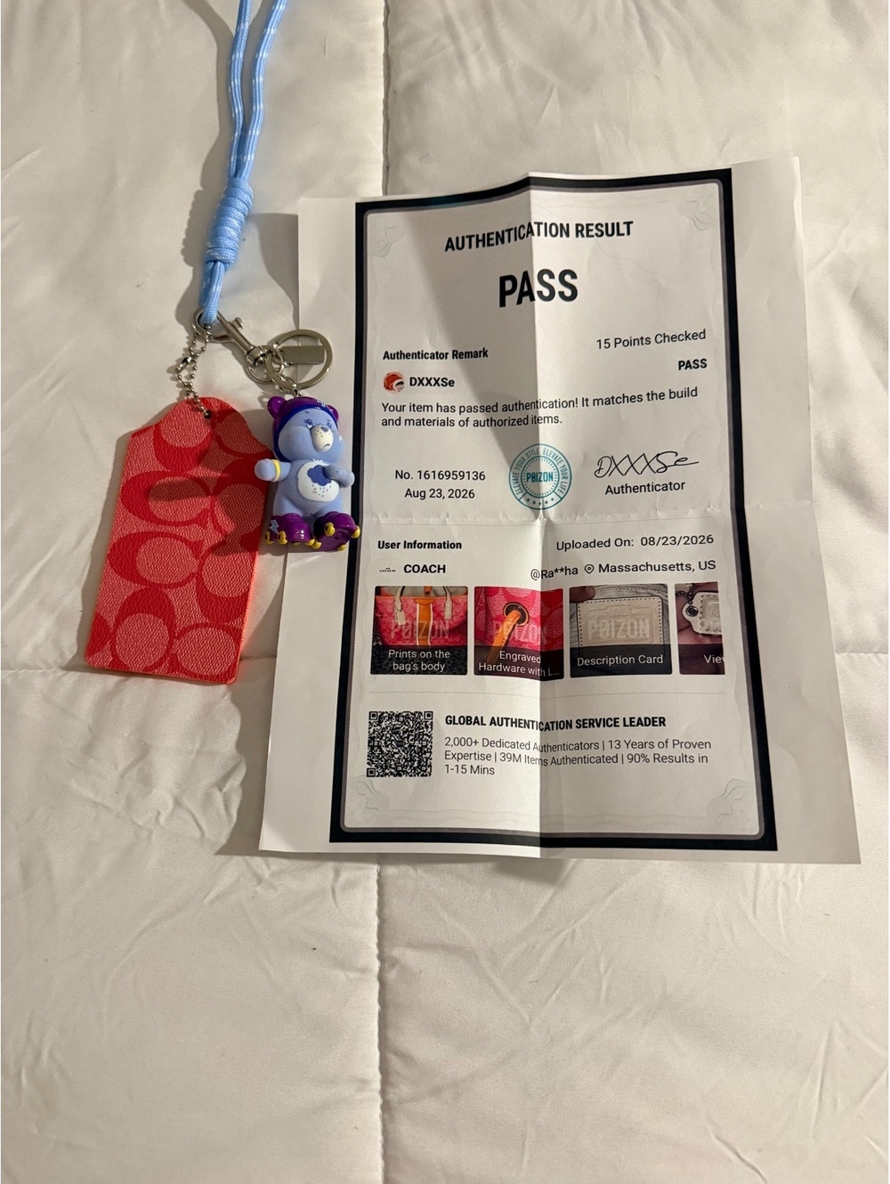 Authentic Coach Red and Orange Keychain with Blue care bear  Charm and Lanyard